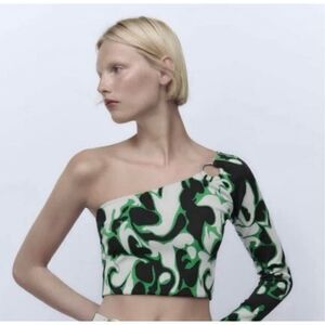 NWT Zara Sz L Jacquard Green White Black Floral One Shoulder Asymmetric Crop Top